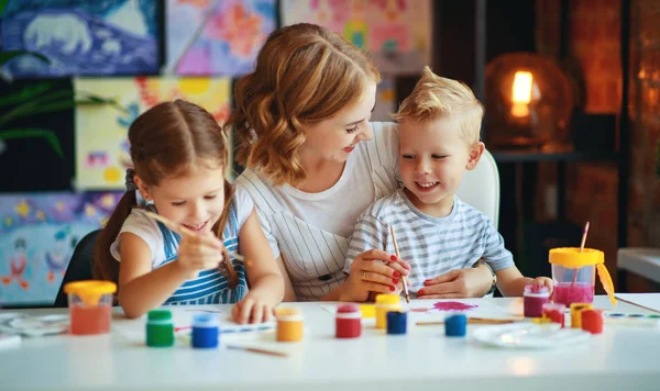 Mother Children Son Daughter Painting Draws Engaged Creativity Kindergarte — Stock Photo, Image
