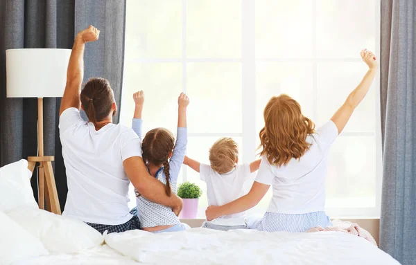 Unrecognizable Family Mother Father Children Sit Back Wake Morning Stretch — Stock Photo, Image