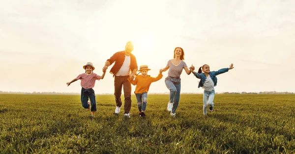 Vrolijke Ouders Met Kinderen Glimlachend Rennend Groen Gras Terwijl Plezier — Stockfoto