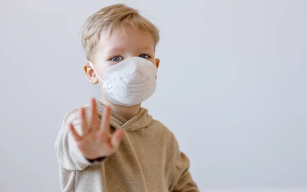 Little Boy Medical Mask Looking Camera Making Stop Gesture Coronavirus — Stock Photo, Image