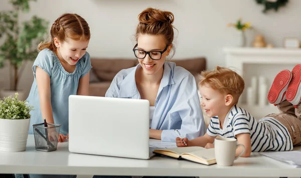 Happy Family Freelancer Mother Working Remotely Laptop Fun Kids Son — Stock Photo, Image