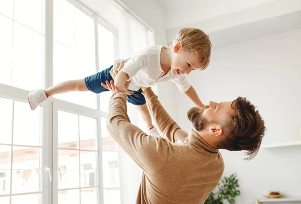 Cheerful Young Father Holding Excited Little Boy While Spending Time — Stock Photo, Image