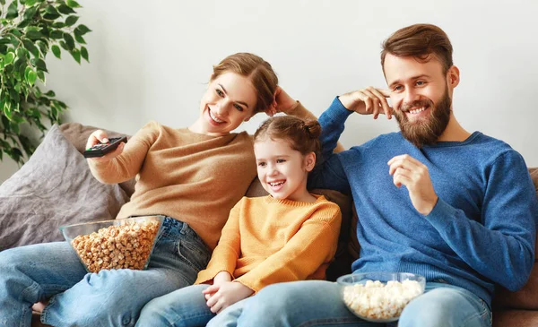 Optimistic Family Casual Wear Sitting Sofa Light Room Laughing While — Stock Photo, Image