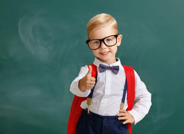 Child Schoolboy Boy Student Shows Thumbs Never School Blackboar — Stock Photo, Image