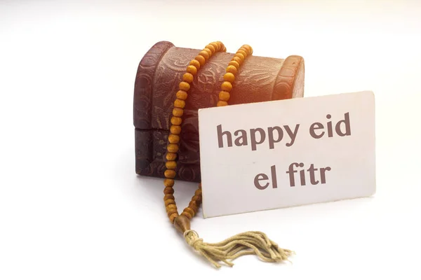 Glad Eid Fitr Text Vitt Kort Och Brun Rosenkransen Muslimska — Stockfoto