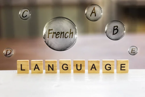 语言木字母和法国飞行气泡 学习法国概念 — 图库照片