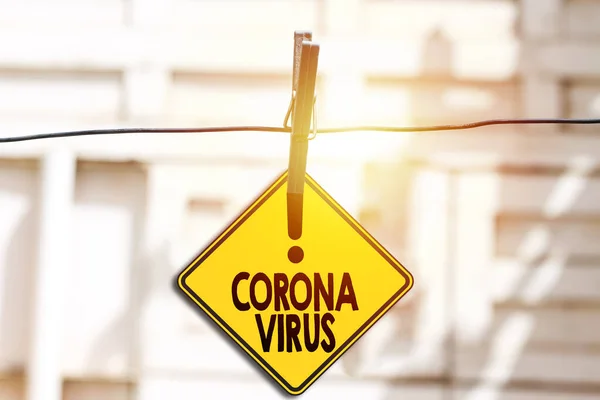 Road Sign Indicating Coronavirus Hanging Clothespin — Stock Photo, Image