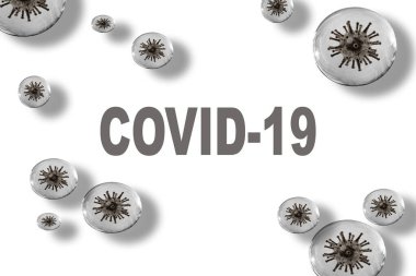 Beyaz arka planda saydam kabarcıklar halinde COVID-19. Dünya Sağlık Örgütü WHO, COVID-19 adlı Coronavirus hastalığına yeni bir resmi isim verdi