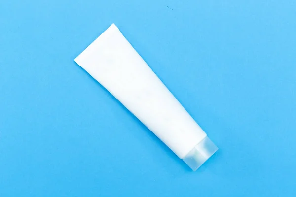 Beauty Cosmetics Tube Branding Mock Top View Μπλε Φόντο Συσκευασία — Φωτογραφία Αρχείου