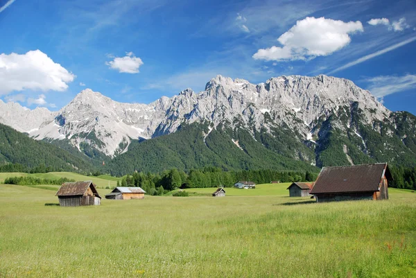 Bavyera Alpleri dağlarda önünde yeşil çayır üzerinde birkaç ahşap kulübeler — Stok fotoğraf