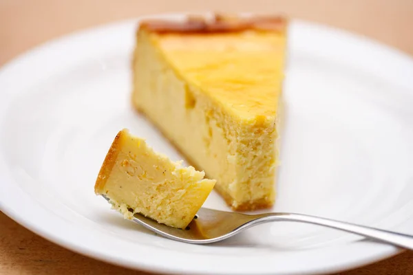 Slice of Plain New York Cheesecake on white plate — Stock Photo, Image