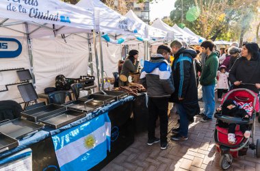 Buenos Aires, Argentina - July 8, 2019: People at a street food market festival