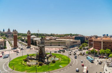 Barcelona, İspanya - 5 Ağustos 2019: Placa Espanya 'nın Barcelona' daki panoramik manzarası