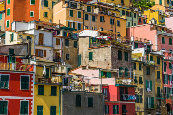 Colorful Italian architecture houses in Riomaggiore village, Cinque Terre