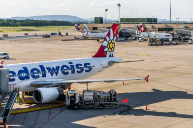Zürih, İsviçre - 14 Ağustos 2019: Edelweiss ve İsviçre uçakları Zürih havaalanı