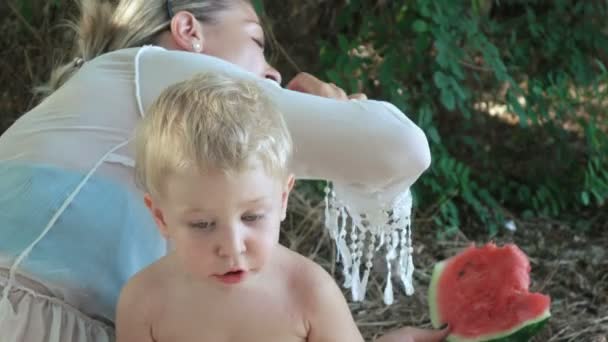 Tranche d'alimentation de l'enfant de pastèque — Video