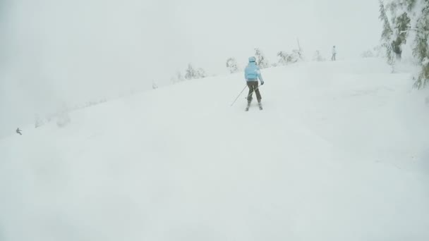 Γυναίκα κατάβαση σκι στη φύση — Αρχείο Βίντεο