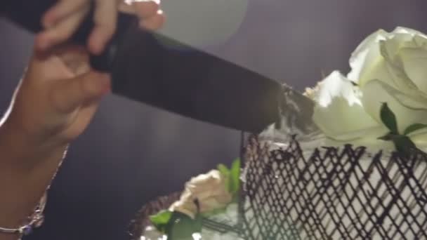 Разрезание торта ножом — стоковое видео