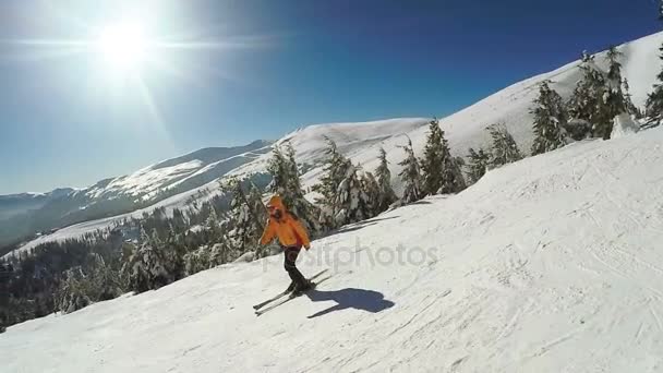 Mujer Descenso en esquís desde las montañas de nieve — Vídeos de Stock