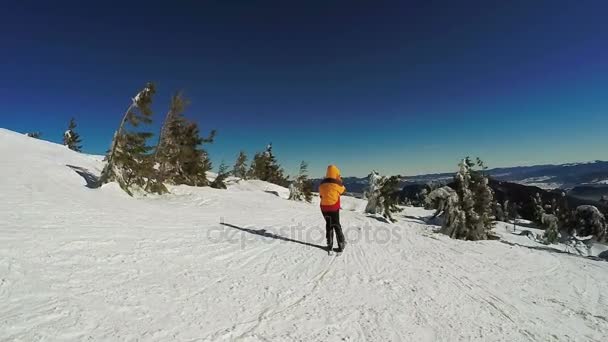 Mujer Descenso en esquís desde las montañas de nieve — Vídeo de stock