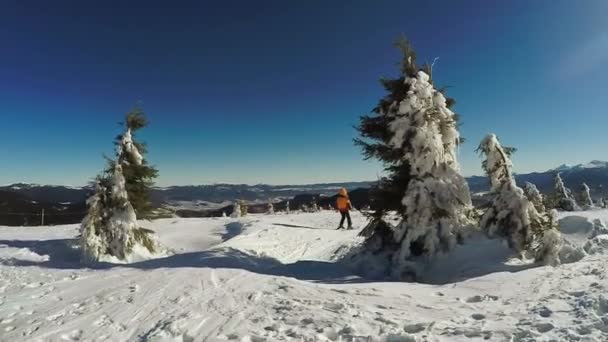 Mujer Descenso en esquís desde las montañas de nieve — Vídeo de stock