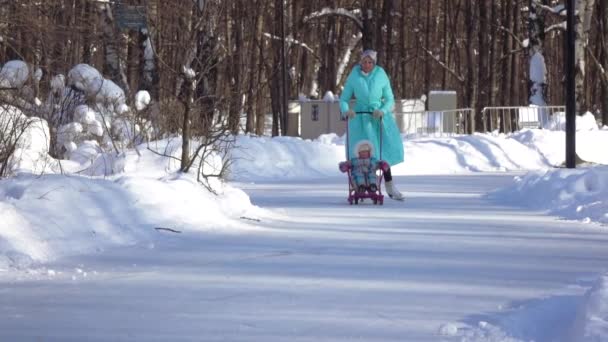 Mamá en patines e hija en trineo — Vídeos de Stock