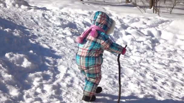 Κορίτσι με ένα ραβδί το χειμώνα — Αρχείο Βίντεο