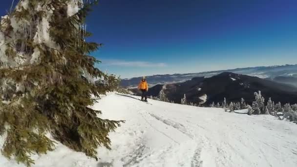 Donna Discesa sugli sci dalle montagne innevate — Video Stock