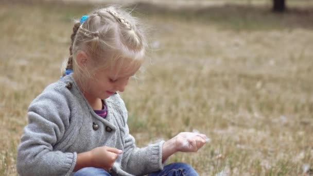 Niña soplando pelusa de bulrush — Vídeos de Stock