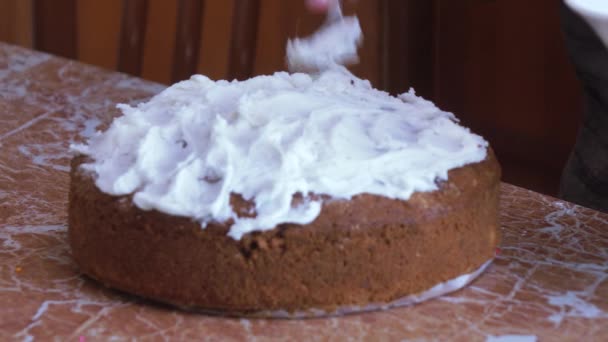 Flickan täcker påsk kakan med glasyr — Stockvideo