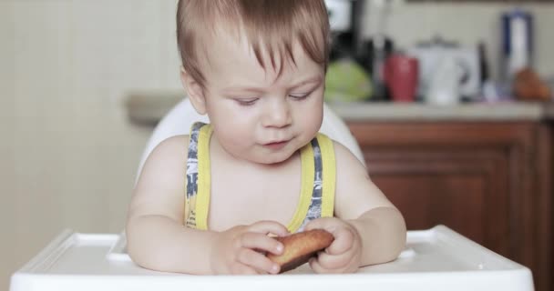 Chlapec žere tvarohový koláč — Stock video