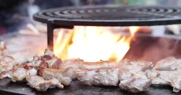 Cooking meat in grill bbq — Αρχείο Βίντεο
