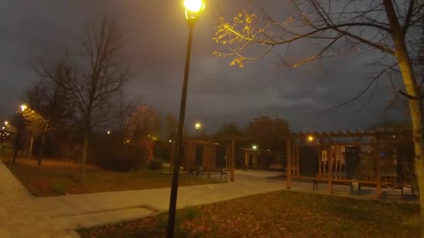 Herbstlicher Stadtpark nach Einbruch der Dämmerung — Stockvideo