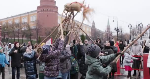 Játék egy fa staghorn és egy szívószál bábu — Stock videók