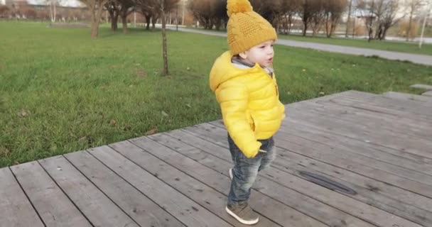 Spädbarn pojke på en trä gångväg — Stockvideo