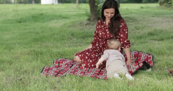 Anne ve çocuk piknikte. — Stok video