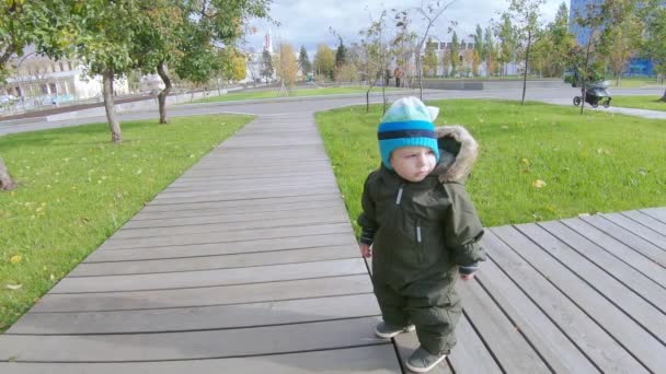 Kleine jongen op een houten loopbrug — Stockvideo