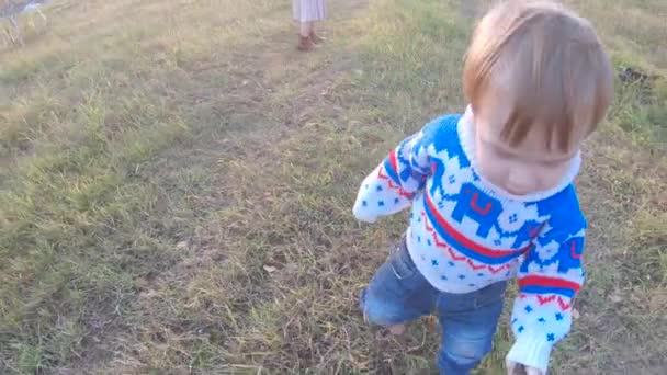 Niño bebé caminando palo — Vídeo de stock