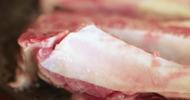 Frying pork ribs in a pan — Stok video