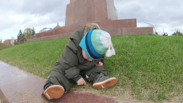Mały chłopiec dotyka ściętej trawy — Wideo stockowe
