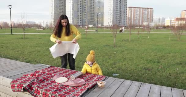 Мама с ребенком на пикнике — стоковое видео