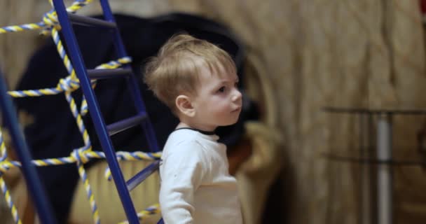 Een jongen van een jaar op de gymnastiek — Stockvideo