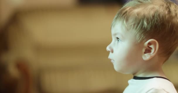 Boy watches TV and eats — Stock Video