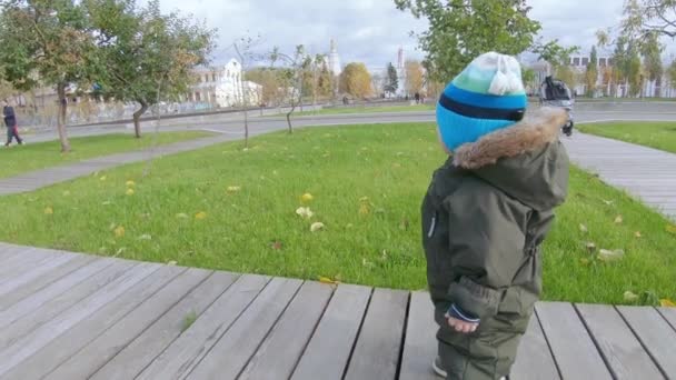 Niño en una pasarela de madera — Vídeos de Stock