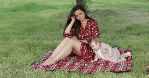Mamá con un niño en un picnic — Vídeos de Stock