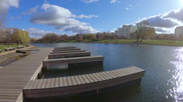 Wooden recreation area on the pontoon — Stock Video