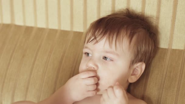 小男孩嚼着一个木制玩具 — 图库视频影像