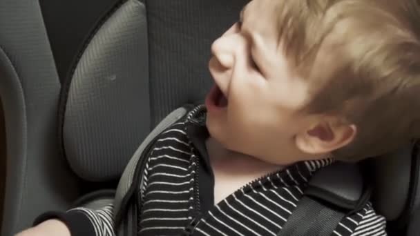 Kinderzitje in auto en stout — Stockvideo