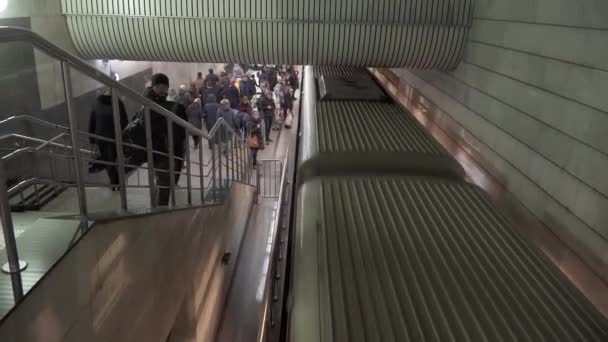 Llegada del metro a la estación que lleva el nombre de Dmitry Donskoy del metro de Moscú — Vídeo de stock