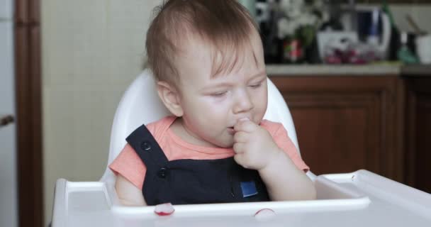 Pojke barn äter rädisor — Stockvideo